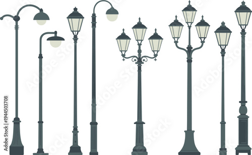 Set of vintage street light poles, antique lamp post icons, classic city lighting silhouettes, victorian lantern vectors, urban exterior decor, isolated old.