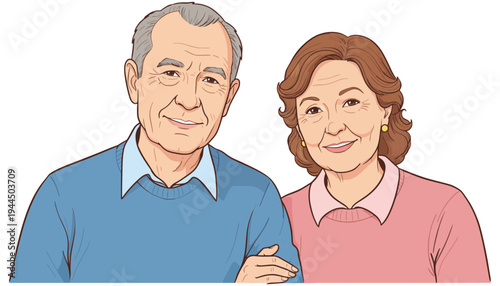 Senior couple standing together in a loving embrace illustration