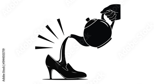 Hand Holding Kettle Pouring Tea into Shoes Vector Illustration