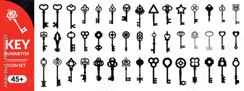Antique key silhouettes. Medieval and modern keys, black vintage shapes set. Open door symbols, privacy and escape. Abstract tidy vector elements