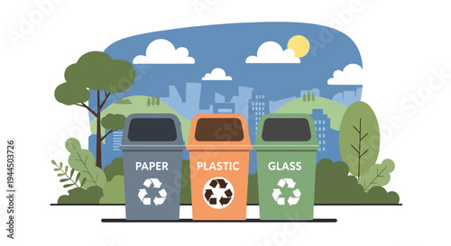 Modern vector illustration of recycling bins with eco symbols promoting waste management and sustainable environmental protection