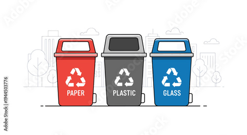 Modern vector illustration of recycling bins with eco symbols promoting waste management and sustainable environmental protection