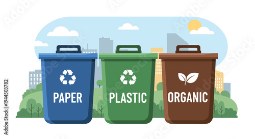 Modern vector illustration of recycling bins with eco symbols promoting waste management and sustainable environmental protection