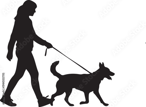 A person walking a dog on a leash in silhouette form