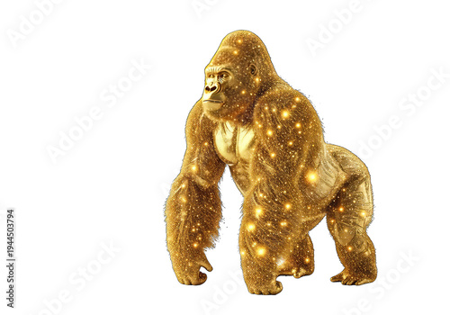 Golden gorilla statue sparkling with glitter isolated on transparent background