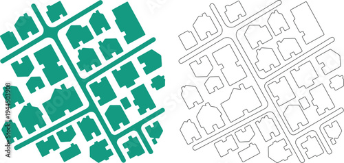 Green and black street map silhouettes with houses and roads