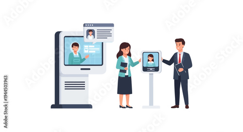 Business Professionals Interacting with Self-Service Digital Kiosks and Virtual Assistants for Modern Customer Support