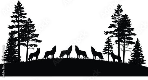 Wolf pack howling silhouette, pine forest landscape, wilderness animal icons, nocturnal wildlife graphics, mountain predator symbols, isolated forest nature vector illustration, evergreen trees.