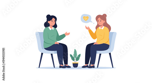 Therapy and Mental Health Session: Two Women Discussing Emotional Wellbeing and Receiving Support Illustration