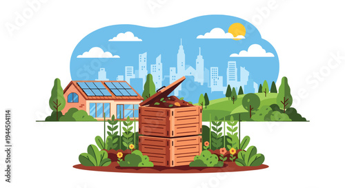 Modern vector illustration of compost bin in backyard garden promoting organic waste recycling and sustainable home practices