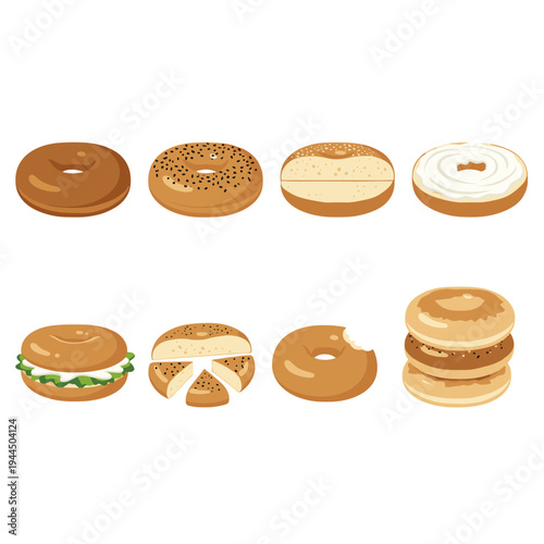 Assorted bagel icons featuring plain, sesame, poppy seed, sliced with cream cheese, sandwich with lettuce, bitten piece, and a stack of fresh bakery breads.