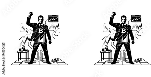 Professional vector illustration featuring confident figure with Bitcoin emblem, circuit lines, and upward chart, symbolizing cryptocurrency empowerment, digital finance, and global connectivity.