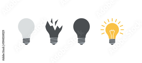 Set of light bulb icons showing concept of idea creation, broken bulb, failure, power off, and glowing bright yellow lightbulb for creativity and innovation.