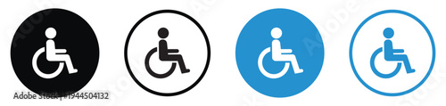 Minimalist round wheelchair accessibility icons in black and blue. Circular handicapped symbols for public signage, disabled parking, and inclusive design. Clean flat vector graphics.