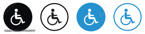 Minimalist round wheelchair accessibility icons in black and blue. Circular handicapped symbols for public signage, disabled parking, and inclusive design. Clean flat vector graphics.