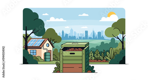 Modern vector illustration of compost bin in backyard garden promoting organic waste recycling and sustainable home practices