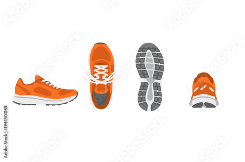 Modern orange running shoes icons showing multiple perspectives including side view, top view with laces, bottom sole texture, and rear heel view profile.