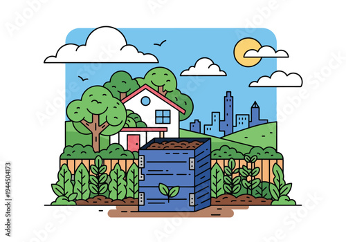 Modern vector illustration of compost bin in backyard garden promoting organic waste recycling and sustainable home practices