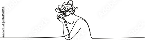 A continuous line drawing of a person experiencing significant mental stress or confusion.