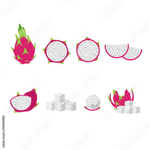 Exotic dragon fruit or pitaya icons showing whole fruit, cross section slices, half cut, diced cubes, and peeled pieces with black seeds and pink skin.