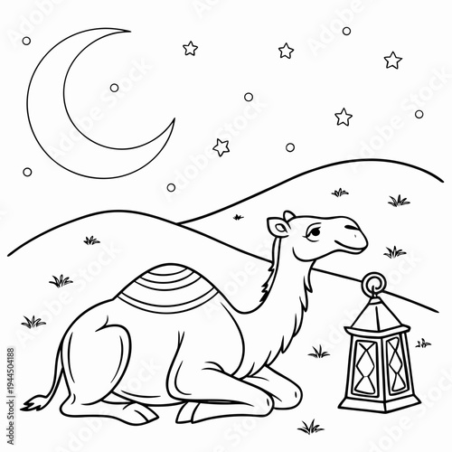 A camel sitting under a starry night sky with a lantern