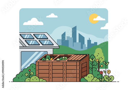 Modern vector illustration of compost bin in backyard garden promoting organic waste recycling and sustainable home practices