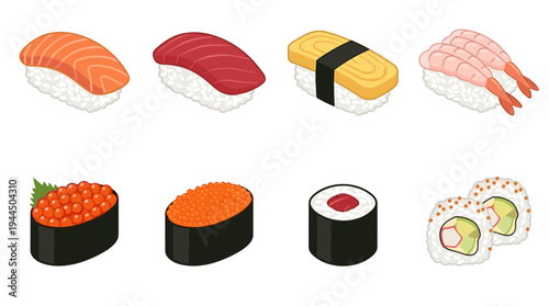 Assorted Japanese sushi and sashimi set including salmon, tuna, shrimp nigiri, maki rolls, and ikura gunkan for restaurant menu and seafood concepts.