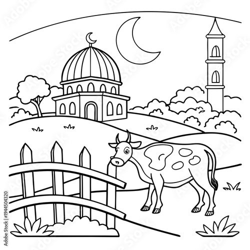 A cow stands by a bridge near a mosque