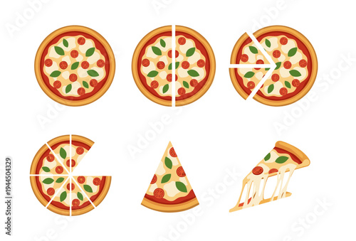 Delicious Italian Margherita pizza set with whole pie, sliced portions, and cheese pull effect for pizzeria menu and fast food delivery advertising.