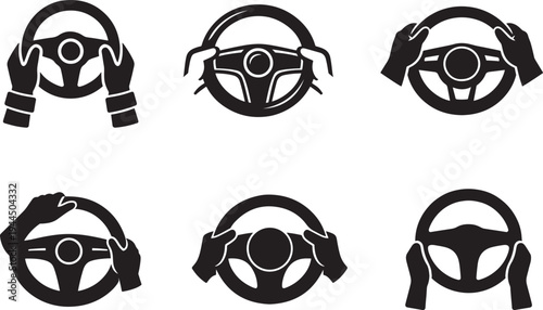 Bold car steering wheel with driver hands, driving control concept for transport design