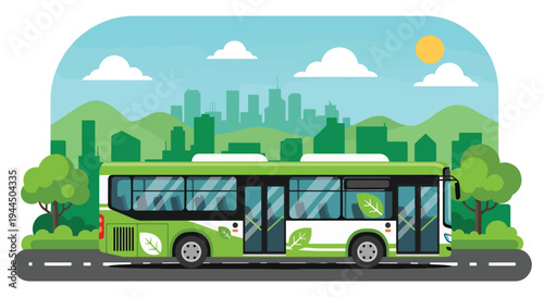 Modern vector illustration of eco friendly public transportation bus in green city promoting sustainable mobility and reduced carbon emissions