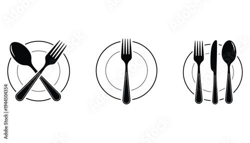A set of utensil icons on plates in black silhouette style