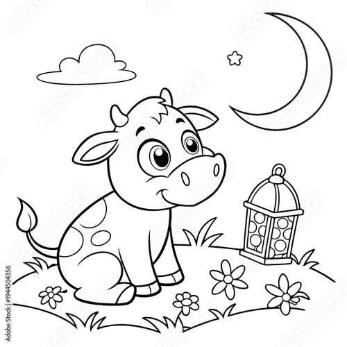 A cow sits next to a birdcage under the moon