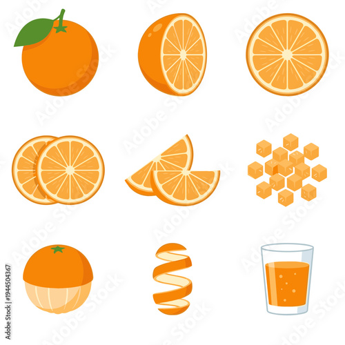 Orange fruit set in minimalist flat vector style featuring whole orange half slices wedges peel zest cubes and glass of fresh juice for healthy design