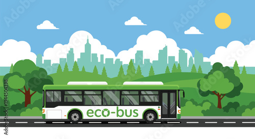 Modern vector illustration of eco friendly public transportation bus in green city promoting sustainable mobility and reduced carbon emissions