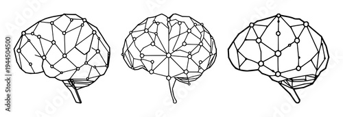 Neuralink brain interface icon set with geometric design featuring cybernetic technology, precise edges, abstract shapes with white background and connectivity symbols