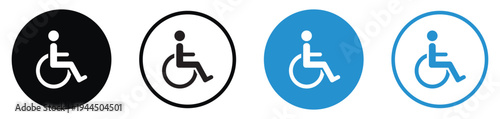 Minimalist round wheelchair accessibility icons in black and blue. Circular handicapped symbols for public signage, disabled parking, and inclusive design. Clean flat vector graphics.