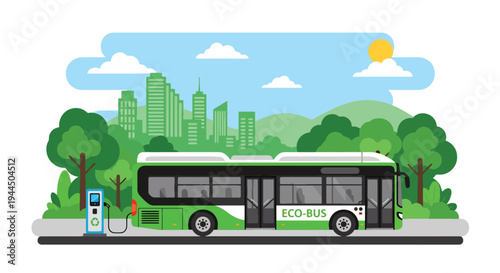 Modern vector illustration of eco friendly public transportation bus in green city promoting sustainable mobility and reduced carbon emissions