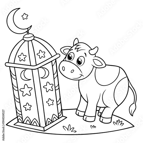 A cow standing next to a lantern on a moonlit night