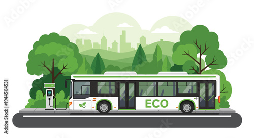 Modern vector illustration of eco friendly public transportation bus in green city promoting sustainable mobility and reduced carbon emissions