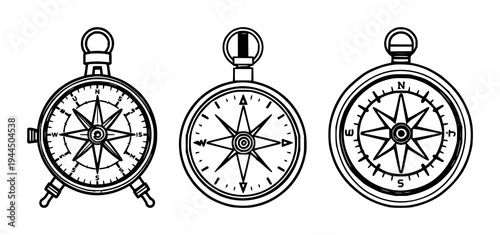 Vintage surveyor's compass set with minimalist sticker design featuring exploration gear, navigation, cartography with antique tools and measurement equipment