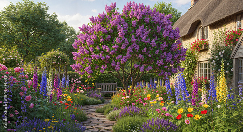 Colorful flower garden with blooming trees and pathways in spring  