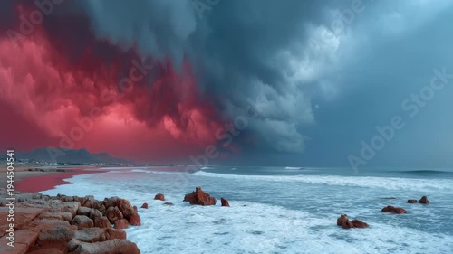 Wallpaper Mural Stormy seascape with intense red and blue clouds, waves, rocks, and a distant shoreline Torontodigital.ca