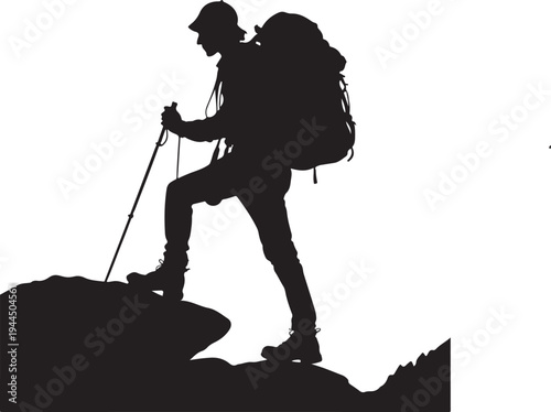 Determined hiker ascending a rugged mountain path with essential trekking gear
