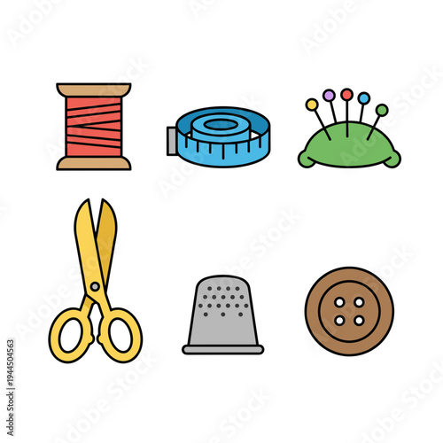 Sewing and tailoring tools icons set with cute kawaii character designs including spool of thread measuring tape pin cushion scissors thimble and button