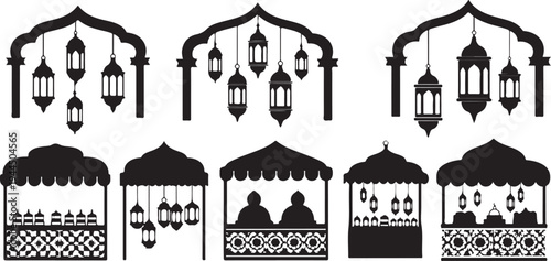 Black and white Islamic lanterns and market stalls illustration