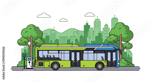 Modern vector illustration of eco friendly public transportation bus in green city promoting sustainable mobility and reduced carbon emissions