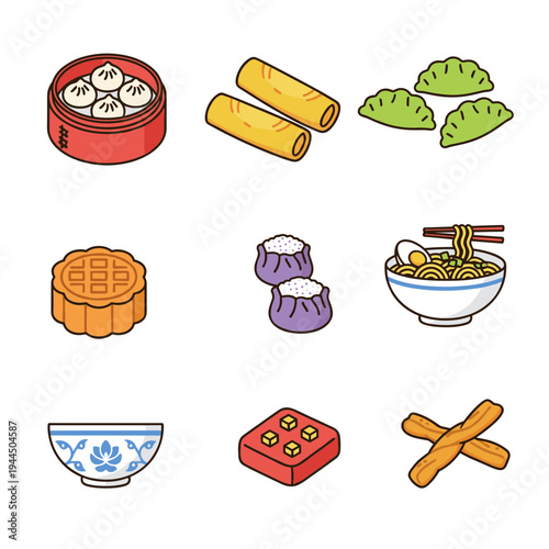 Traditional Chinese Dim Sum and Asian food illustration set featuring dumplings, spring rolls, mooncake, ramen noodles, and deep fried dough sticks.