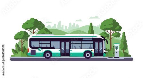 Modern vector illustration of eco friendly public transportation bus in green city promoting sustainable mobility and reduced carbon emissions