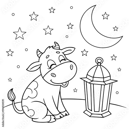 A cow sitting next to a lantern under the stars